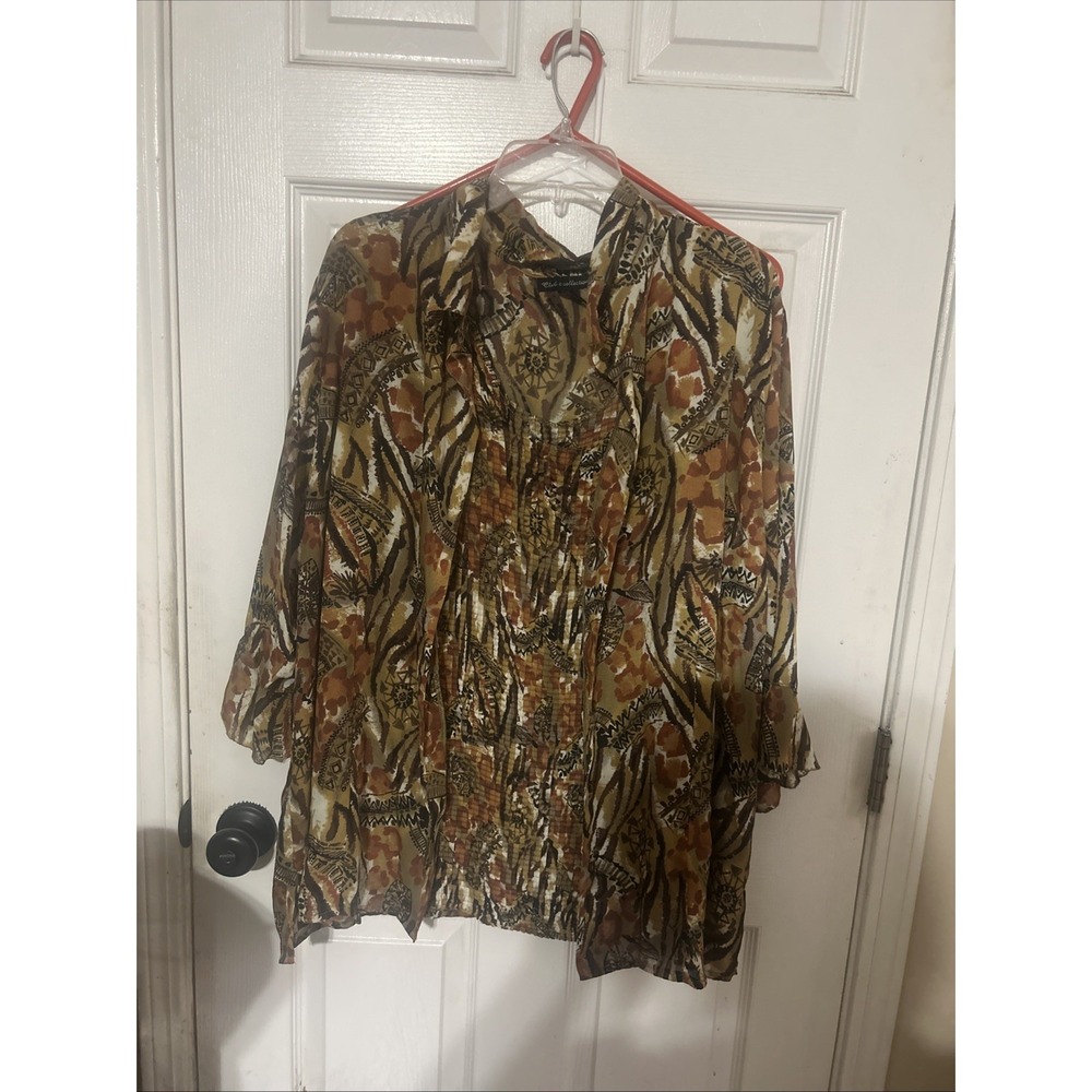 Club Z Collection Sz 3X  Faux 2 Piece Set Blouse Brown Abstract